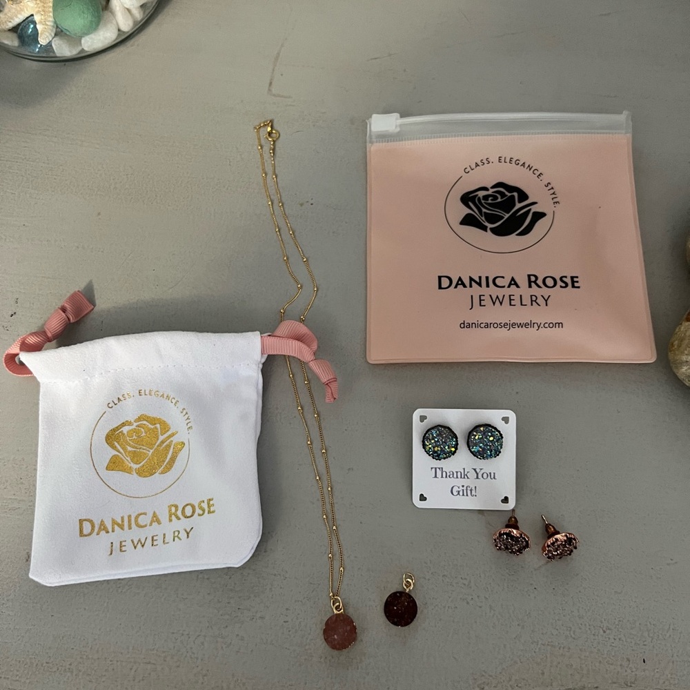 Danica Rose Druzy Pink Stone Necklace & earrings